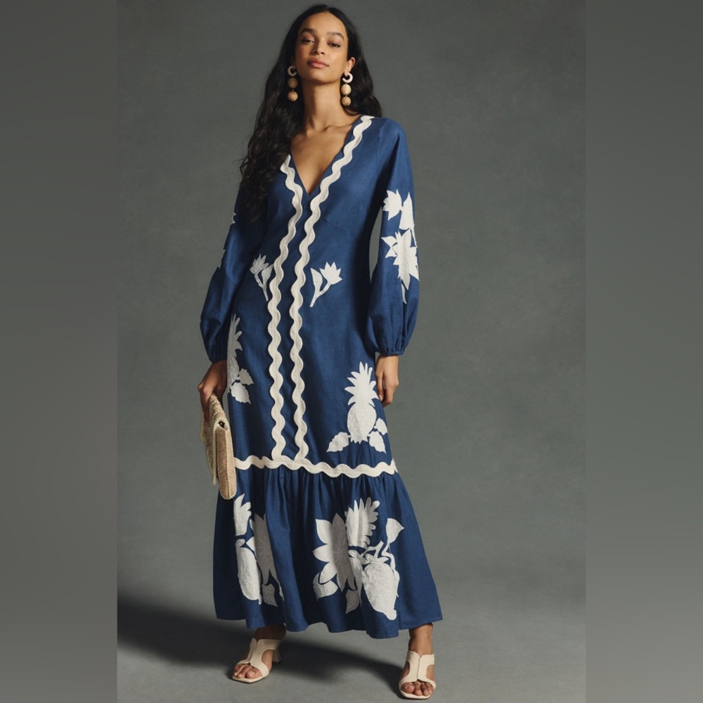 Farm Rio Flounce Embroidered Maxi Dress